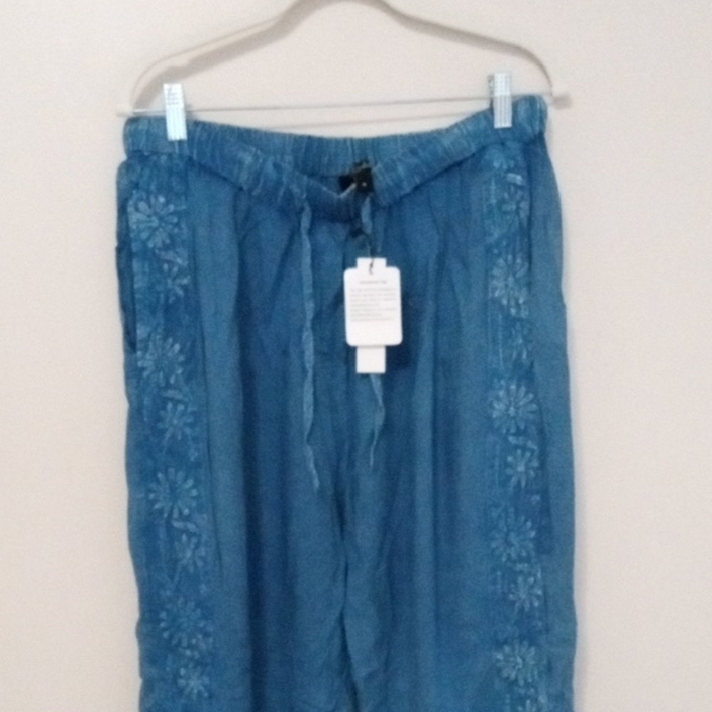 RD & Koko Blue Casual Beach Resort Lightweight Embroidered Pants Size L